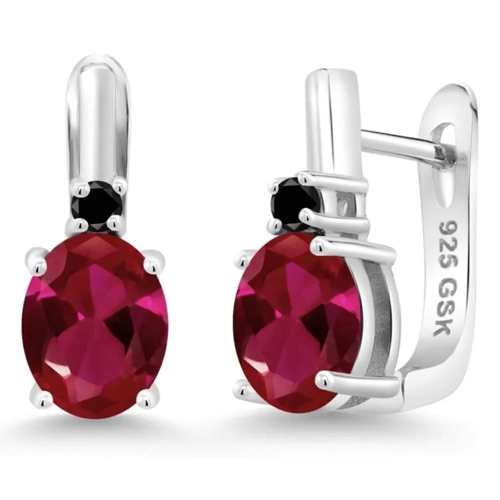 925 Sterling Silver with 4.12 Cttw Ruby and Black Diamond Oval Drop Earrings